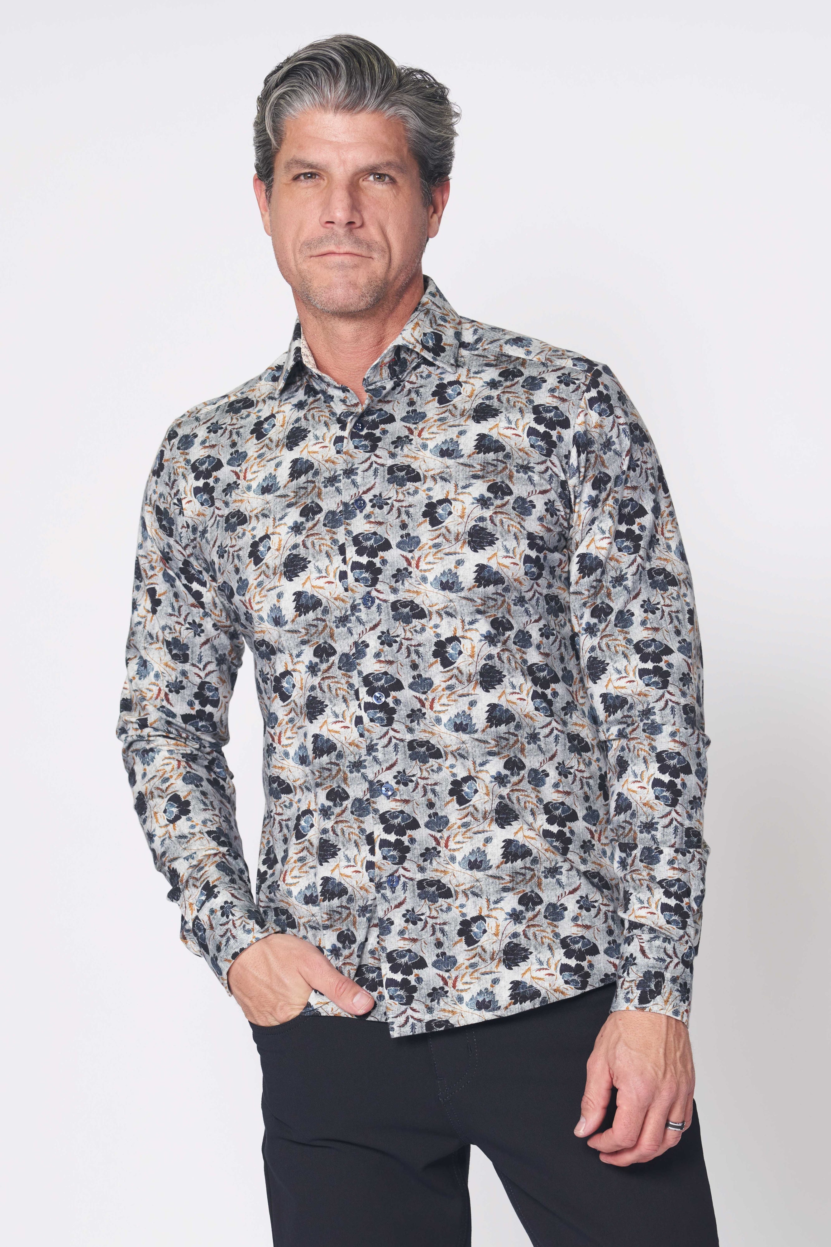 big and tall floral dress shirts SOCIETY OF THREADS Men's Big & Tall Floral Printed Woven Shirt, Navy Blue, 3XLT