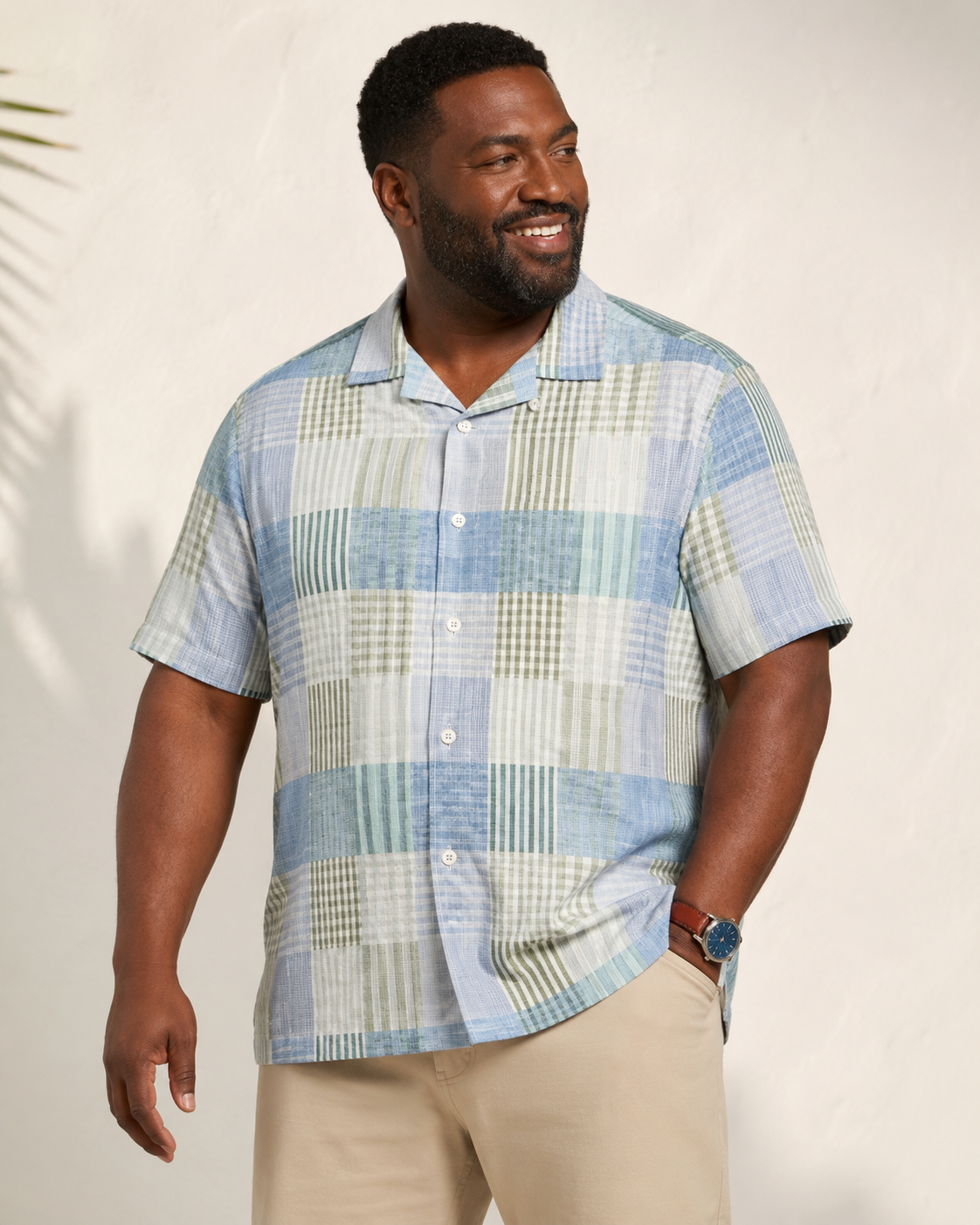 Tommy Bahama Men's Big & Tall Patchwork Sands Linen-Blend Camp Shirt - Biscotti Tan