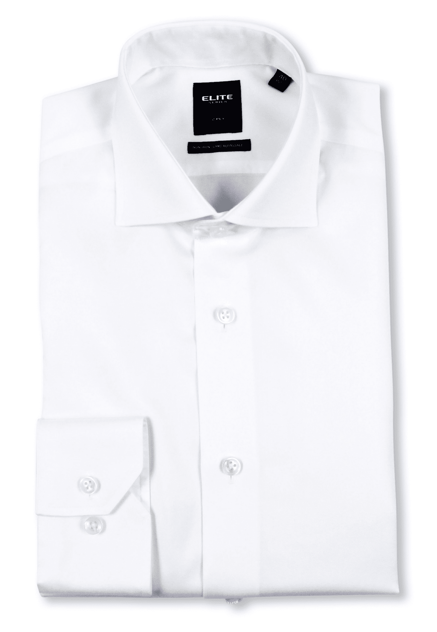A neatly folded, long-sleeve white dress shirt with button cuffs and a spread collar, displayed on a plain white background.