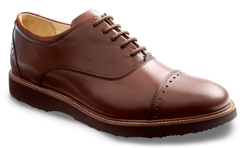 A brown leather oxford shoe with a cap toe, decorative perforations, and matching brown laces, shown on a white background.