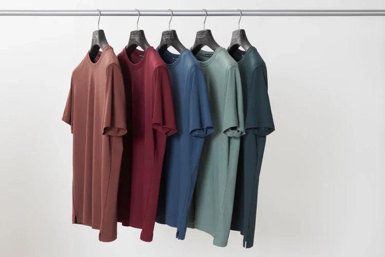 Five plain t-shirts in brown, burgundy, navy, light green, and dark green hang on black hangers from a metal clothing rack against a white background.