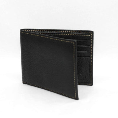 The Torino Tumbled Glove Leather Billfold Wallet by Torino, in black genuine leather with visible stitching, is shown open to reveal multiple card slots against a plain white background.