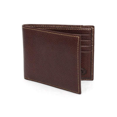 The Torino Tumbled Glove Leather Billfold Wallet by Torino is a brown genuine leather wallet with visible stitching, shown partially open to reveal interior card slots.