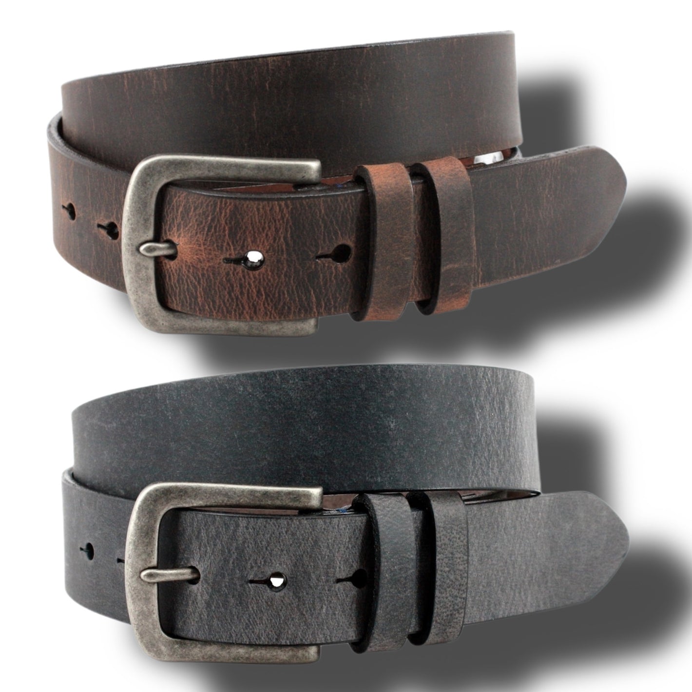 Two Torino Distressed Waxed Harness Leather Belts—one brown, one black, each with a silver buckle—shown side by side on white. Premium belts from Torino, perfect casual options crafted from quality leather.