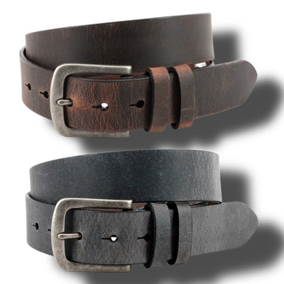 Two Torino Distressed Waxed Harness Leather Belts—one brown, one black, each with a silver buckle—shown side by side on white. Premium belts from Torino, perfect casual options crafted from quality leather.