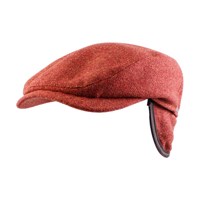 The Wigens Ivy Contempo Cap 110553 by Wigens is a red Melton wool tweed Ivy cap with a curved brim and brown trim, displayed from the side on a white background.