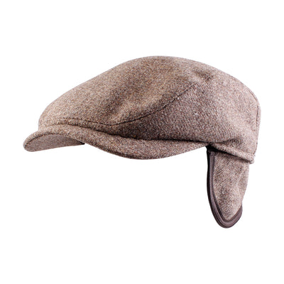 The Wigens Ivy Contempo Cap 110553, a brown tweed Ivy cap with earflaps, is shown from a side angle against a white background.