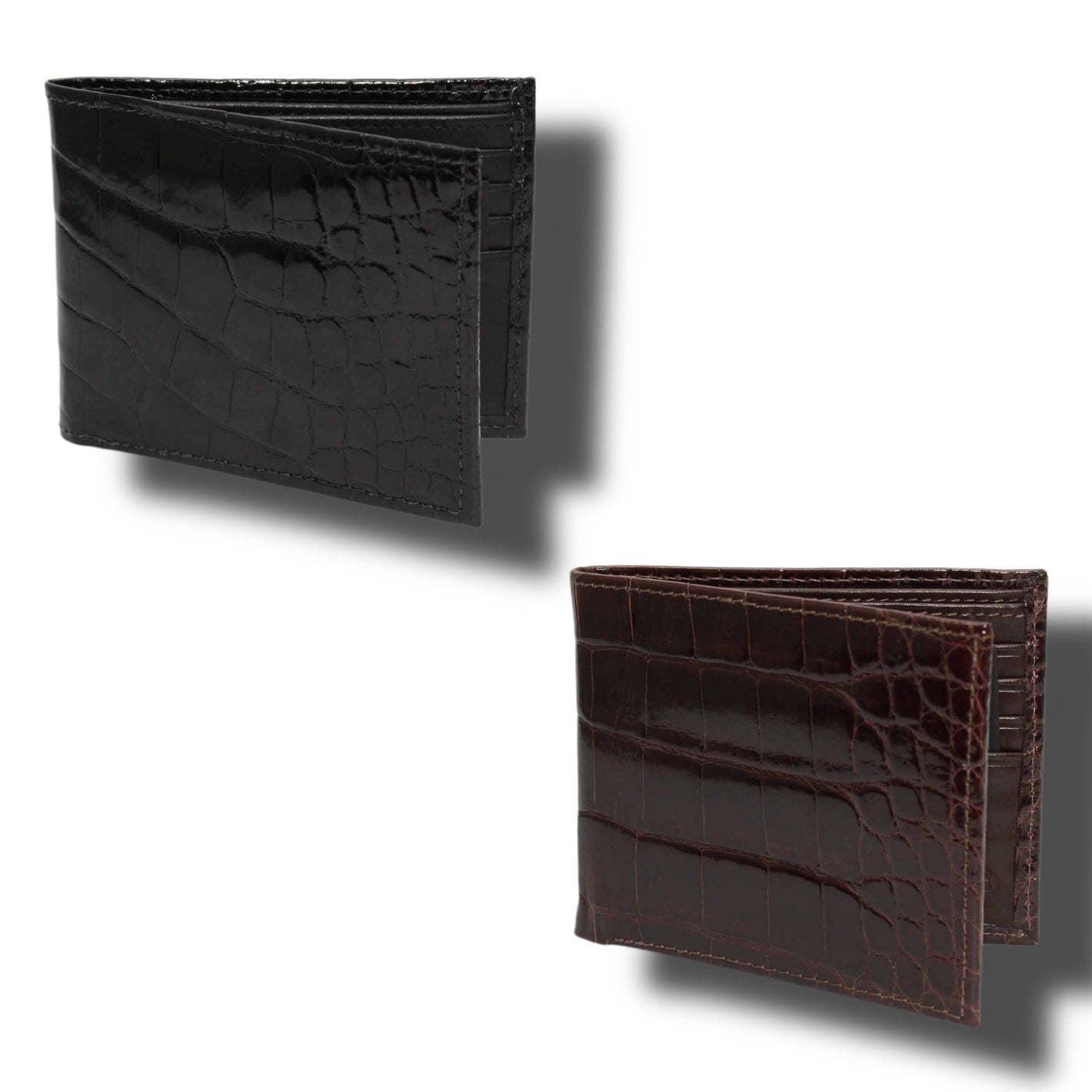 Two Torino Genuine Alligator Billfold Wallets—one black, one dark brown—showcase a crocodile-like texture. Set against a white background with shadows, these wallets embody the classic style of Torino.