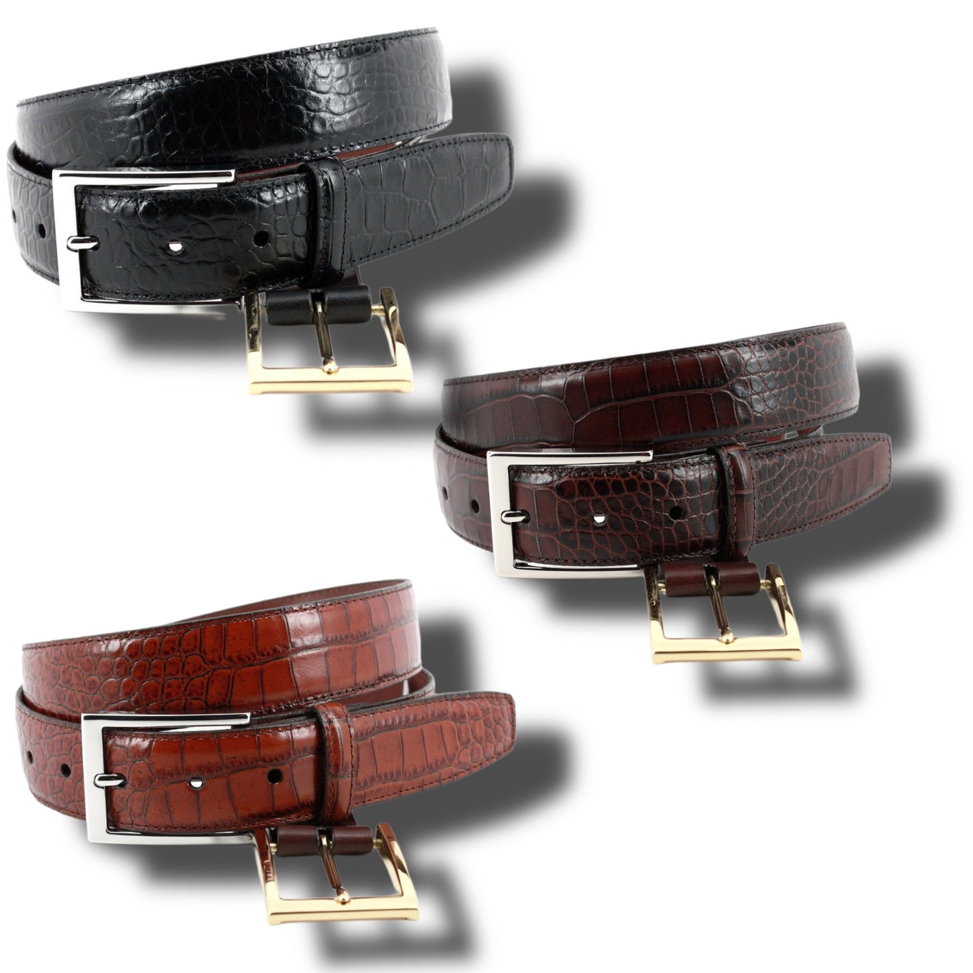 Three Torino Faux Alligator Grain Embossed Calfskin Belt Big & Tall belts are shown: one black with a silver buckle, one dark brown and one light brown with gold buckles, all displayed on a white background.