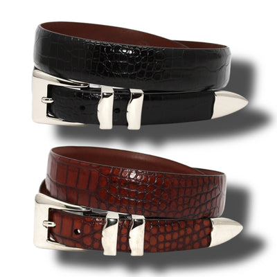 Two Torino Alligator Embossed Calfskin Belt Big & Tall belts—one black, one brown, each with a silver buckle—are displayed side by side on a white background.