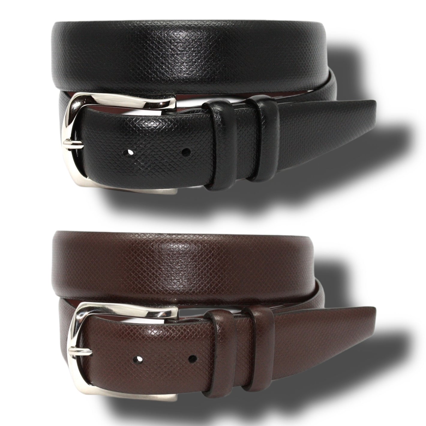 Two Torino Italian Bulgaro Calfskin Belts—one black, one brown—made from top grain calfskin with glove leather lining and silver buckles, are shown rolled on a white background with their shadows visible.