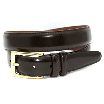 The Torino Antigua Leather Dress Belt Big & Tall by Torino is a dark brown leather belt with a gold rectangular buckle, coiled and displayed on a white background.