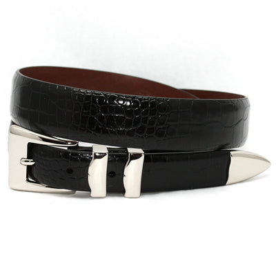 The Torino Alligator Embossed Calfskin Belt Big & Tall by Torino showcases black, alligator-textured leather with a shiny silver buckle, coiled elegantly on a white background.