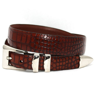 The Torino Alligator Embossed Calfskin Belt Big & Tall by Torino features an alligator embossed design and a silver buckle, displayed coiled on a white background.