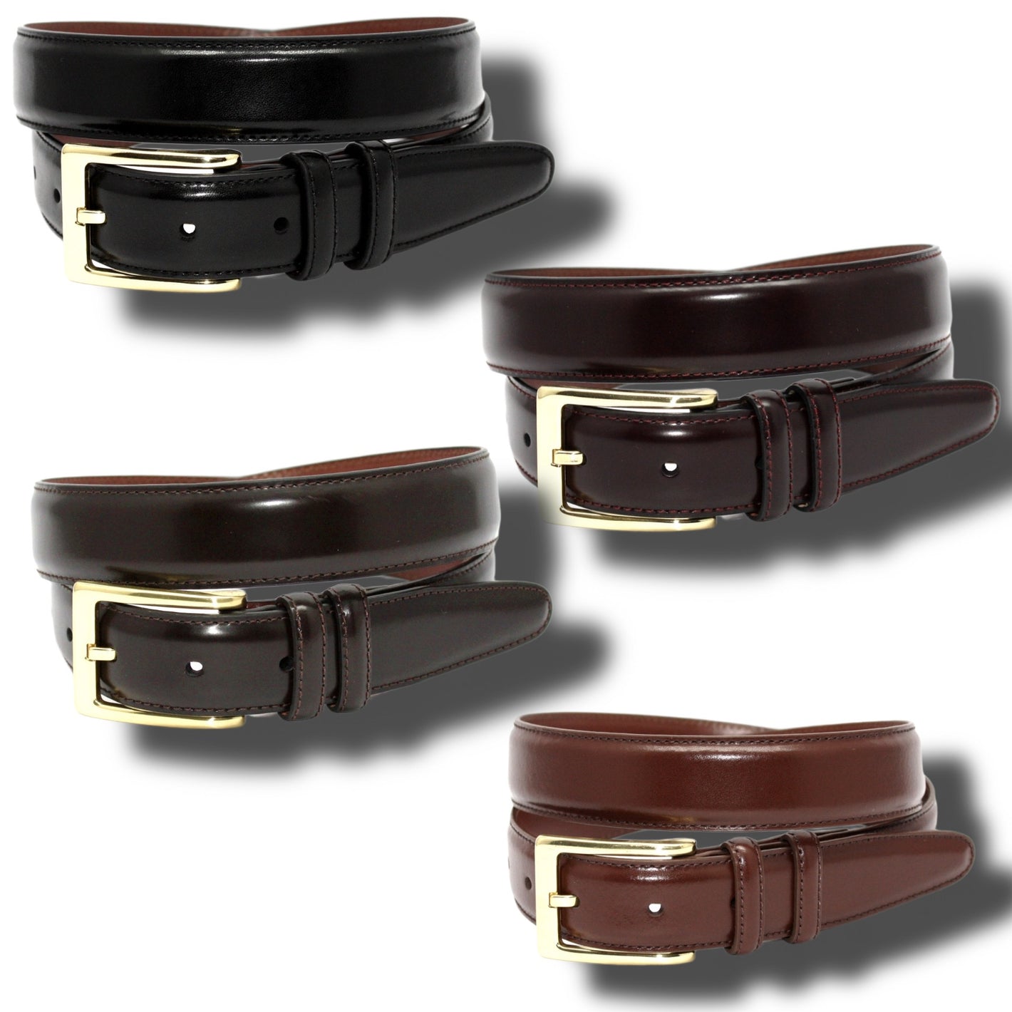 Four Torino Antigua Leather Dress Belt Big & Tall belts by Torino in black, dark brown, and two brown shades, each featuring a gold buckle, are displayed against a white background.