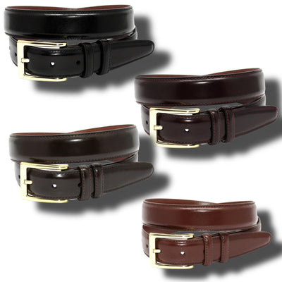 Four Torino Antigua Leather Dress Belt Big & Tall belts by Torino in black, dark brown, and two brown shades, each featuring a gold buckle, are displayed against a white background.