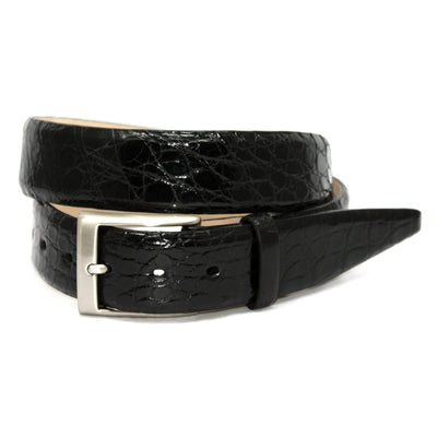 The Torino Glazed South American Caiman Belt Big & Tall by Torino, crafted from black caiman leather with a crocodile texture and satin nickel buckle, is coiled in a loop on a white background.