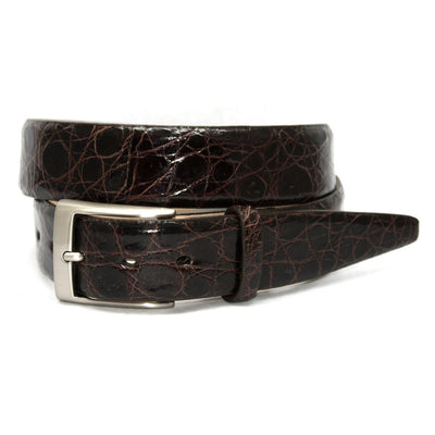 The Torino Glazed South American Caiman Belt Big & Tall features dark brown Caiman leather with a textured, glossy finish, visible stitching, and a satin nickel buckle—crafted in signature Torino style.