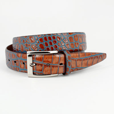 The Torino Faux Crocodile Embossed Calf Belt by Torino features brown calf leather with a crocodile pattern and a silver buckle, displayed coiled on a white background.
