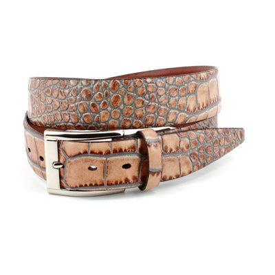 The Torino Faux Crocodile Embossed Calf Belt by Torino is a luxury men’s belt in brown calf leather, featuring a reptile-like texture and a silver buckle, elegantly coiled against a white background.