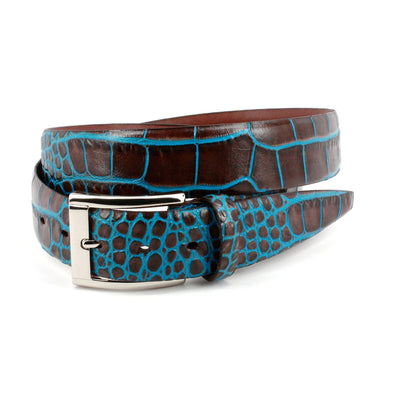 The Torino Faux Crocodile Embossed Calf Belt by Torino features brown calf leather with blue crocodile embossing and a silver buckle, displayed coiled in a spiral on a white background.