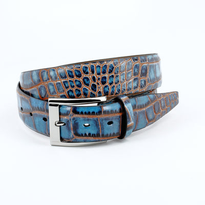 The Torino Faux Crocodile Embossed Calf Belt in blue and brown features a silver buckle and is displayed coiled on a white background.