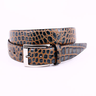 Torino's Faux Crocodile Embossed Calf Belt for men features a brown crocodile skin pattern and a silver rectangular buckle, elegantly coiled on a white background.