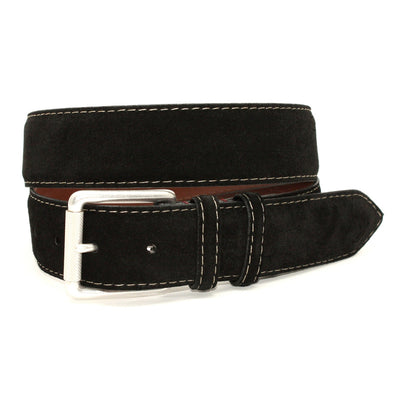 The Torino European Sueded Calfskin Belt features black Italian sueded calfskin, white stitching, and a silver buckle—coiled in a loop for a classic look from Torino.