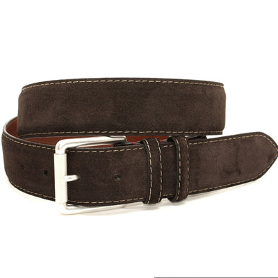The Torino European Sueded Calfskin Belt by Torino is a dark brown, finely crafted Italian suede belt with white stitching and a silver buckle, shown coiled in a loop.