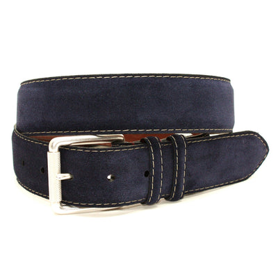 The Torino European Sueded Calfskin Belt in navy blue features white stitching and a silver buckle—an elegant, Italian-crafted accessory from Torino, perfect for elevating your fine leather goods collection.