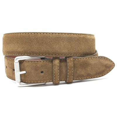 The Torino European Sueded Calfskin Belt features visible stitching, a silver buckle, and fine Italian craftsmanship—a refined luxury leather accessory from Torino, shown on a white background.