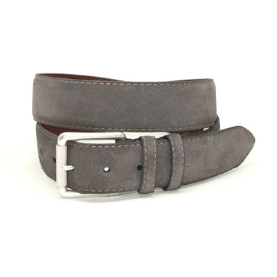 The Torino European Sueded Calfskin Belt in gray features fine Italian suede, visible stitching, and a silver buckle—a luxurious accessory from Torino, shown coiled against a white backdrop.