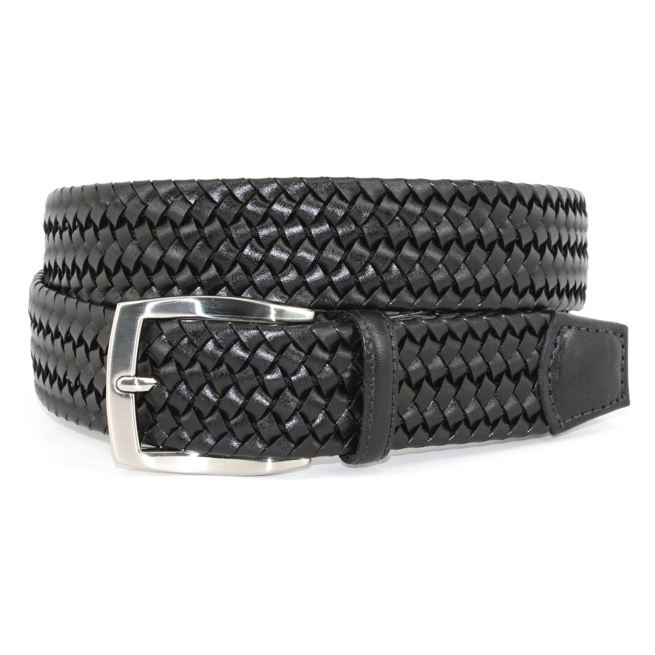 The Torino Italian Woven Stretch Leather Belt Big & Tall by Torino, in black with a silver rectangular buckle, is shown coiled on a white background.