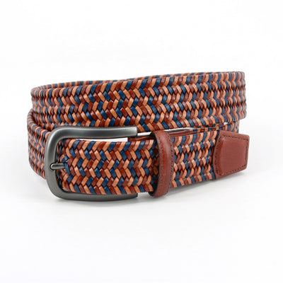 The Torino Italian Mini Strand Woven Stretch Leather Belt features interwoven brown, tan, and blue strands, a dark metal buckle, and brown Italian leather accents, shown on a white background.