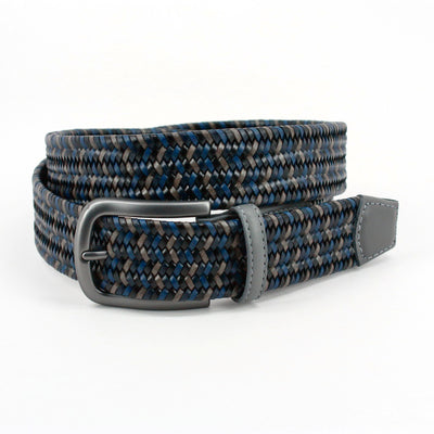 The Torino Italian Mini Strand Woven Stretch Leather Belt features a blend of blue, brown, and gray hues with a gray buckle and Italian leather tip, shown on a white background.