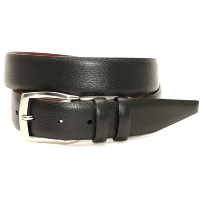 The Torino Pebble Grained Calfskin Belt Big & Tall by Torino features black Italian pebble-grained calfskin and a silver buckle, coiled in a loop against a white background—a standout among quality leather accessories.