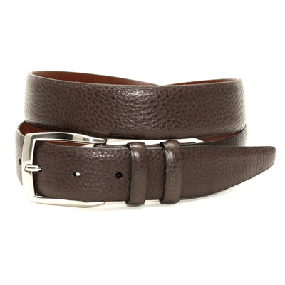 The Torino Pebble Grained Calfskin Belt Big & Tall by Torino features brown Italian pebble-grained leather and a silver buckle, elegantly coiled on a white background—a refined addition to any belt collection.