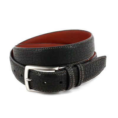 The Torino American Bison Belt by Torino features black textured leather, white stitching, a silver buckle, and a brown inner lining. It is shown coiled on a white background.