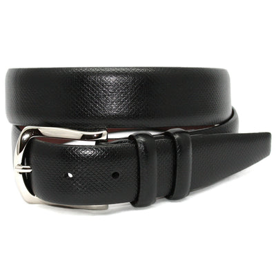 A coiled black Torino Italian Bulgaro Calfskin Belt by Torino, featuring a silver buckle, displayed on a white background.