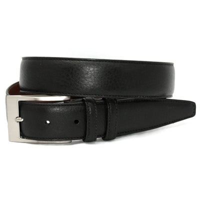 The Torino Soft Deertan Glove Leather Belt Big & Tall by Torino features black leather and a silver rectangular buckle, shown coiled on a white background—a refined accessory for those seeking fine craftsmanship.
