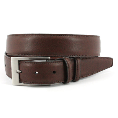 The Torino Soft Deertan Glove Leather Belt Big & Tall by Torino features supple brown leather and a silver rectangular buckle, coiled elegantly on a white background—a timeless piece for any refined accessory collection.