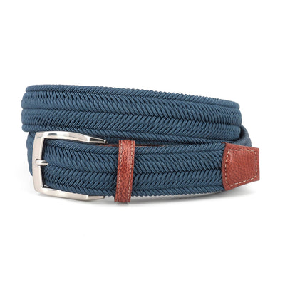 The Torino Italian Woven Herringbone Stretch Belt features a coiled blue design with brown leather accents and a silver buckle, handcrafted in Italy.