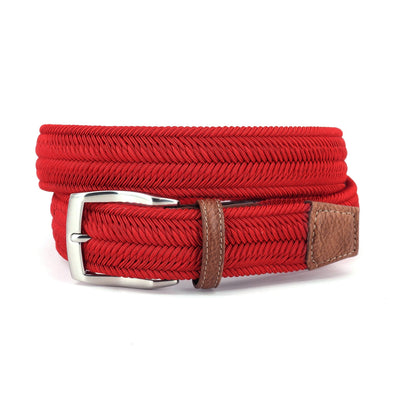 The Torino Italian Woven Herringbone Stretch Belt features a coiled red design, silver buckle, and brown leather accents on the buckle and tip.
