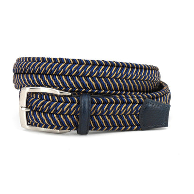 The Torino Italian Woven Herringbone Stretch Belt by Torino features blue, yellow, and beige strands, a silver buckle, a blue leather end tip, and glove leather lining.