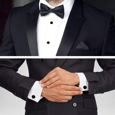 Two men in black tuxedos with white shirts and black accessories; one wears a bow tie, the other adjusts his Bocara Stud & Cufflinks Set—an essential formal accessory from Bocara.