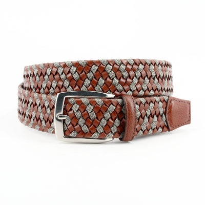 The Torino Italian Braided Leather & Linen Belt Big & Tall by Torino is shown coiled on a white background, featuring brown and gray tones with a silver buckle.