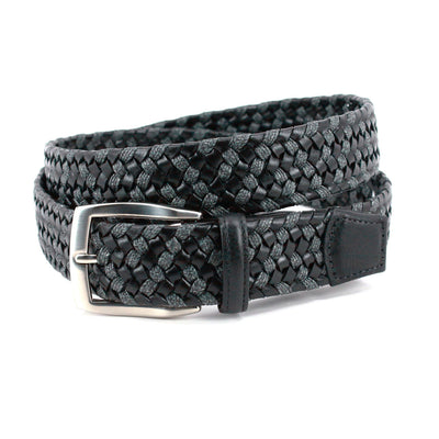 The Torino Italian Braided Leather & Linen Belt by Torino, shown in black with a silver buckle, is neatly rolled up on a white background.