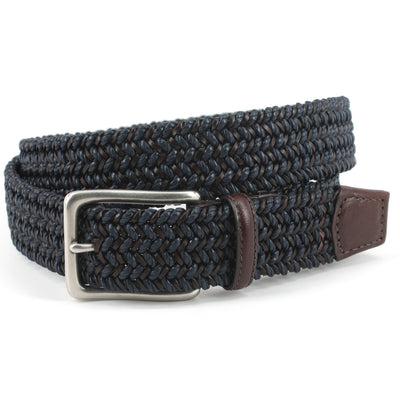 The Torino Italian Woven Cotton & Leather Belt Big & Tall by Torino features navy blue woven cotton, brown calfskin trim on the end and near the silver buckle.