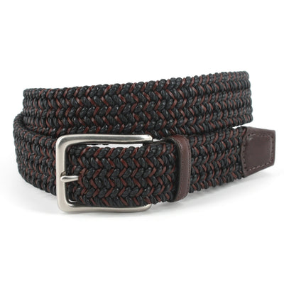 The Torino Italian Woven Cotton & Leather Belt features black and brown braided strands, calfskin trim, and a rectangular silver buckle with brown accents—crafted in Torino’s signature style.