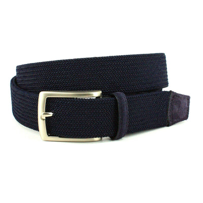The Torino Italian Tubular Woven Rayon Elastic Belt by Torino features navy blue stretch rayon and a silver rectangular buckle, shown coiled on a white background.